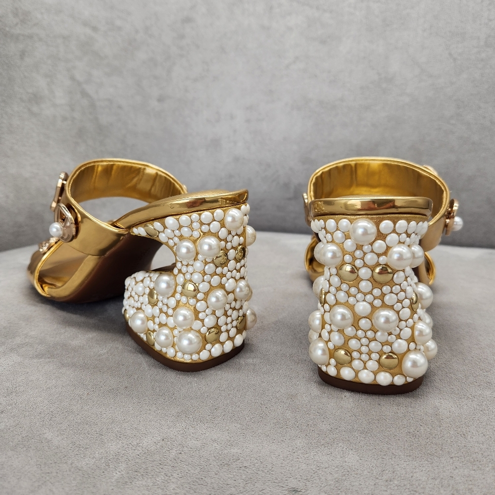 Gianni Bini Dress Sandals 9.5 Gold Penei Architectural Chunky Jewel Heel New$150 - Picture 12 of 17